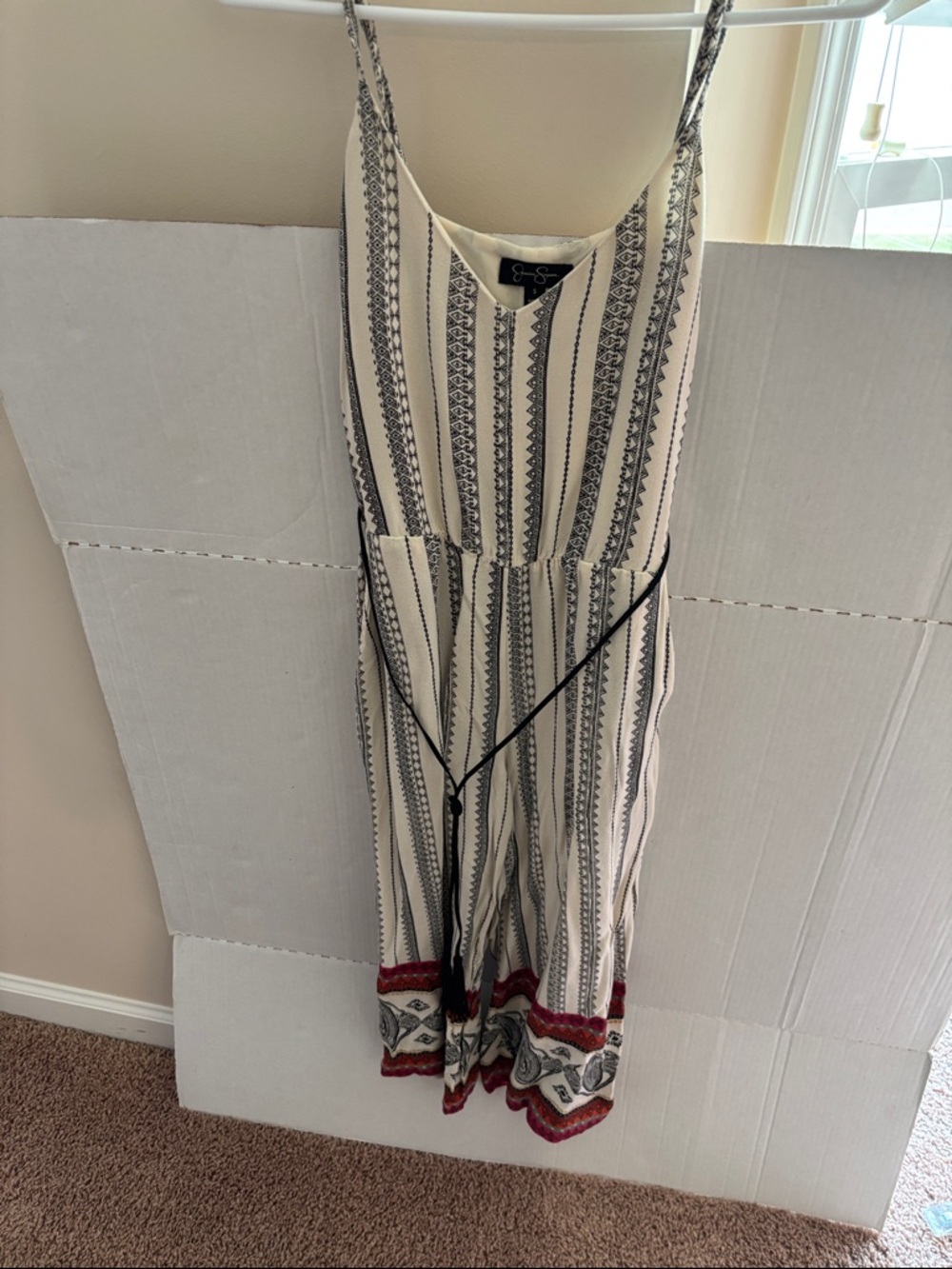 Jessica Simpson Cream and Black Striped Midi Jumpsuit with Red Border